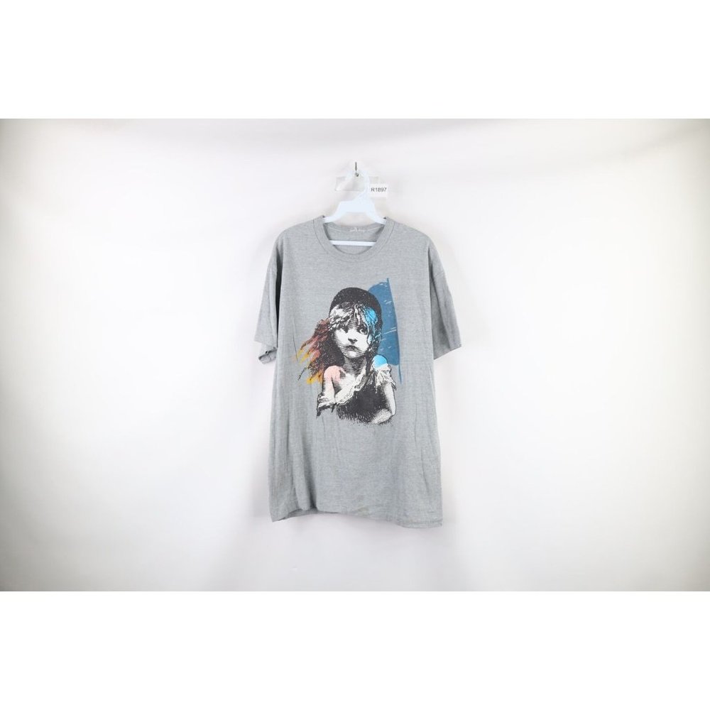 Vintage 80s Mens Large Distressed 1986 Les Miserables Broadway Play T-Shirt Gray
